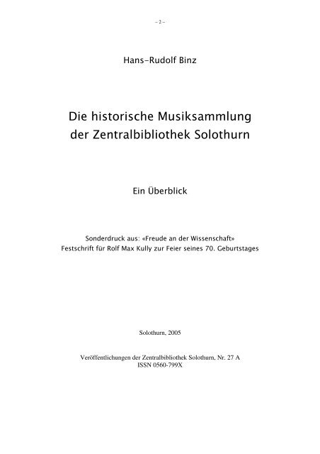 Die historische Musiksammlung der Zentralbibliothek Solothurn