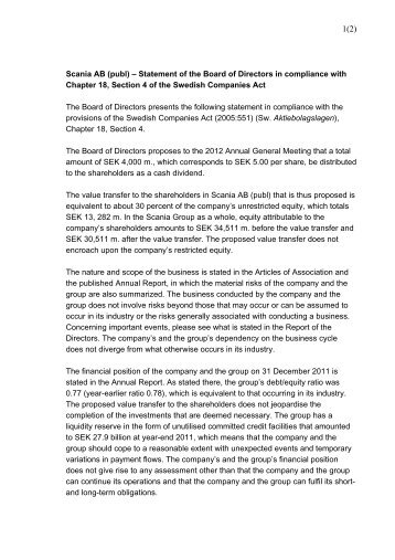 Statement of the Board of Directors in compliance - Scania