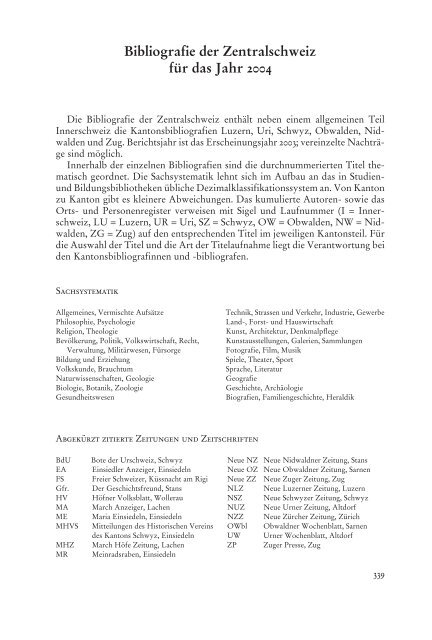 Bibliografie Zentralschweiz 2004 - Historischer Verein Zentralschweiz