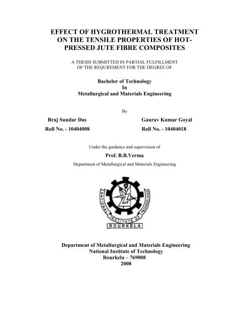 Effect of hygrothermal treatment on the tensile properties - ethesis ...