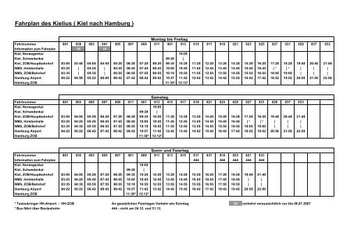 Fahrplan des Kielius ( Kiel nach Hamburg )