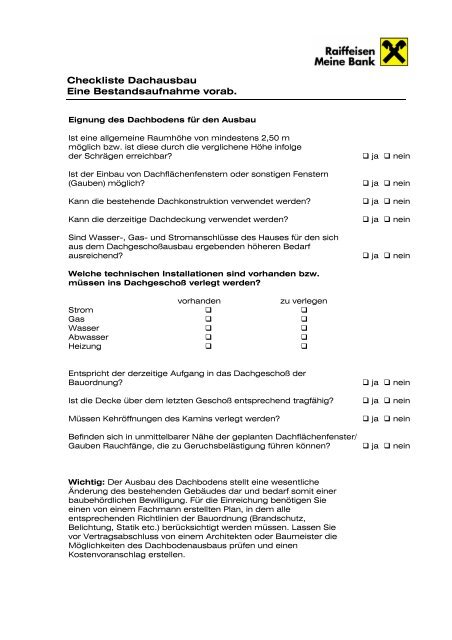 Checkliste Dachausbau - Raiffeisen