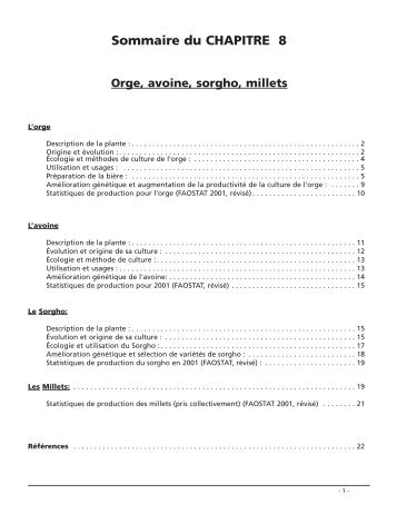 Sommaire du CHAPITRE 8 Orge, avoine, sorgho, millets