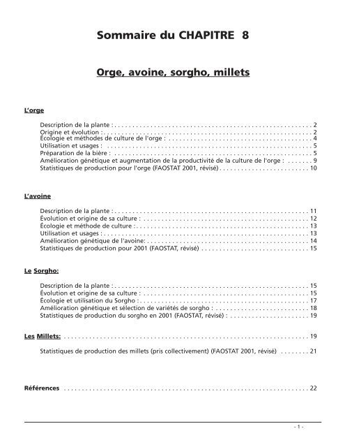 Sommaire du CHAPITRE 8 Orge, avoine, sorgho, millets