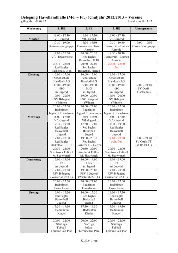 Wochen-Trainingsplan der Vereine-Schuljahr 2012 /2013