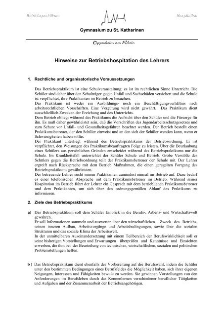 Hinweise zur Betriebshospitation des Lehrers - Gymnasium zu St ...