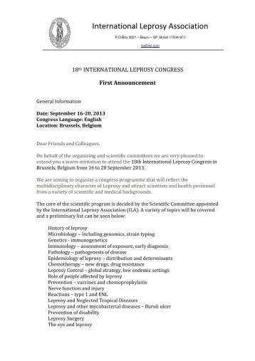 18th International Leprosy Congress first Announcement and ... - Aifo