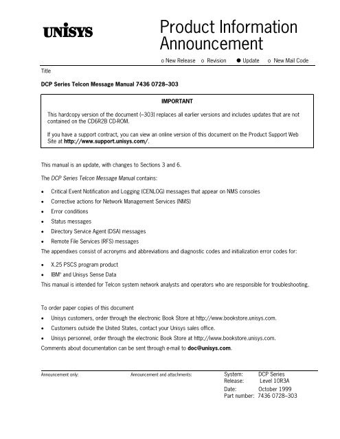 DCP Series Telcon Message Manual - Public Support Login - Unisys