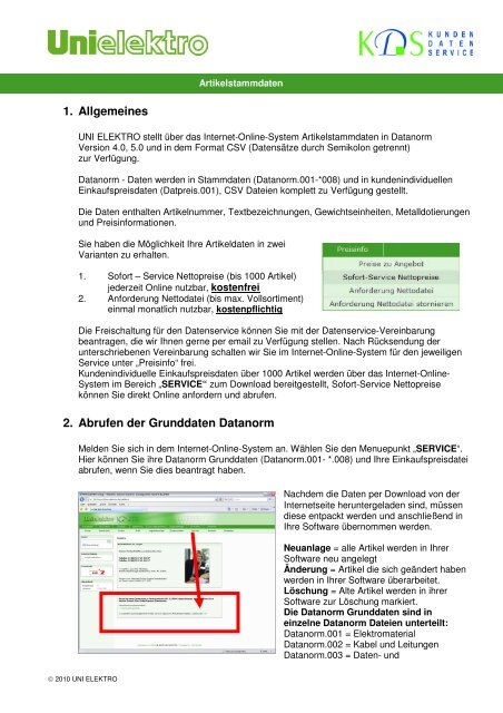 1. Allgemeines 2. Abrufen der Grunddaten Datanorm - uni elektro