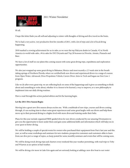 Dan's Dive Shop Winter 2011 Newsletter PDF CLICK