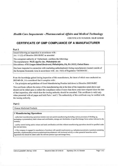EMA Certificate of GMP Compliance - WuXi AppTec