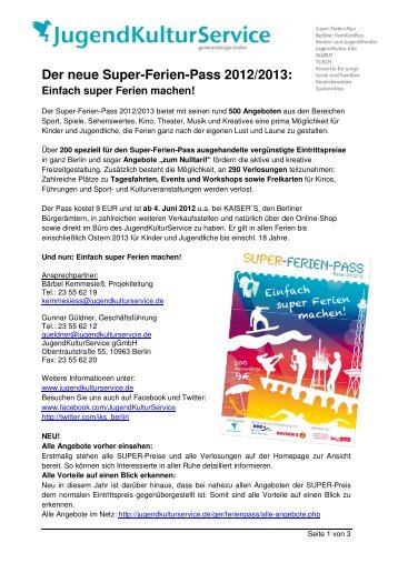 [PDF] Auf einen Blick Super Ferien Pass 2012 - JugendKulturService