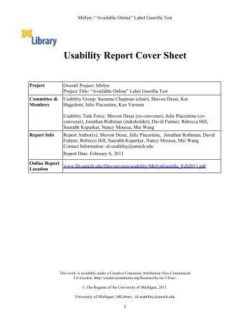Usability Report Cover Sheet - University of Michigan