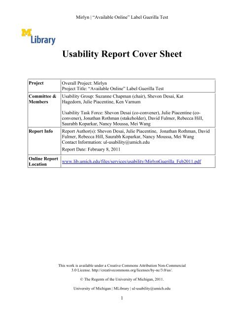 Usability Report Cover Sheet - University of Michigan