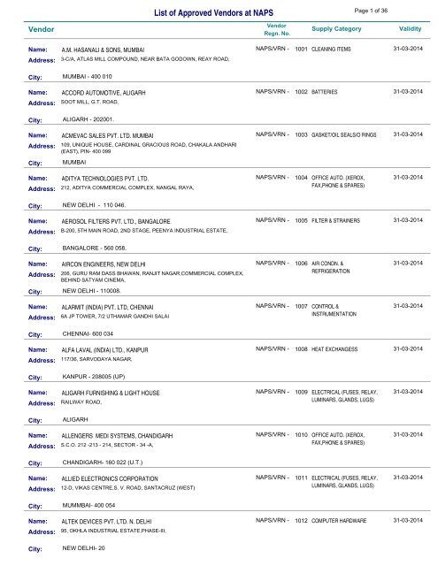 List of Approved Vendors at NAPS - Nuclear Power Corporation of ...