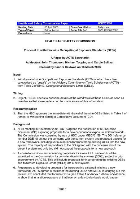 Health And Safety Commission Paper Hsc 03 46 Health Hse
