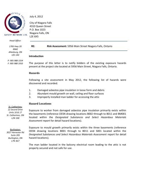 Risk Assessment Letter - City of Niagara Falls