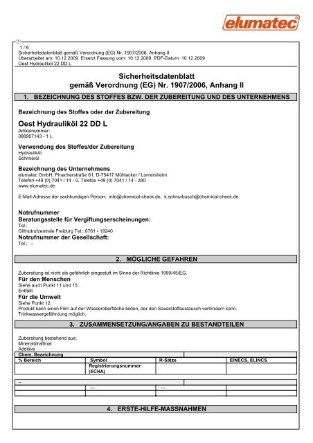 (EG) Nr. 1907/2006, Anhang II Oest Hydrauliköl 22 DD L - elumatec