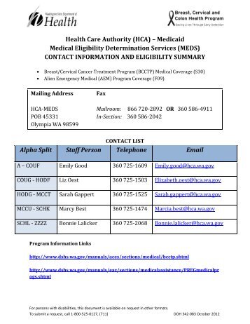 Health Care Authority/Medical Eligiblity Determination Contact List ...