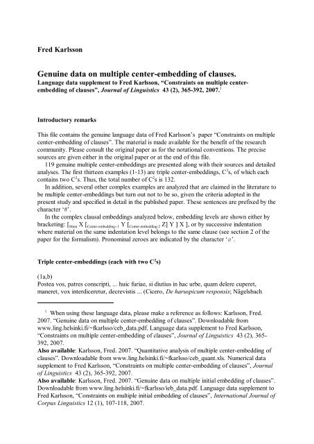 genuine data on multiple center embedding of clauses helsinki fi