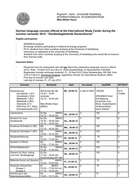 German language courses offered at the International Study Center ...