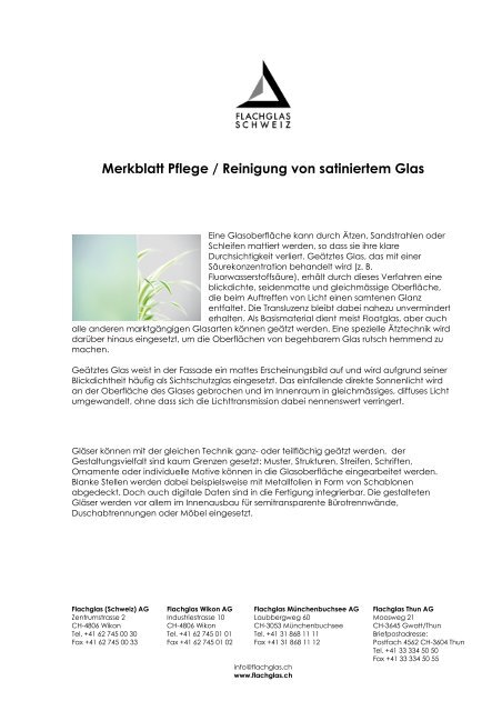 Merkblatt Pflege / Reinigung von satiniertem Glas - Flachglas Schweiz