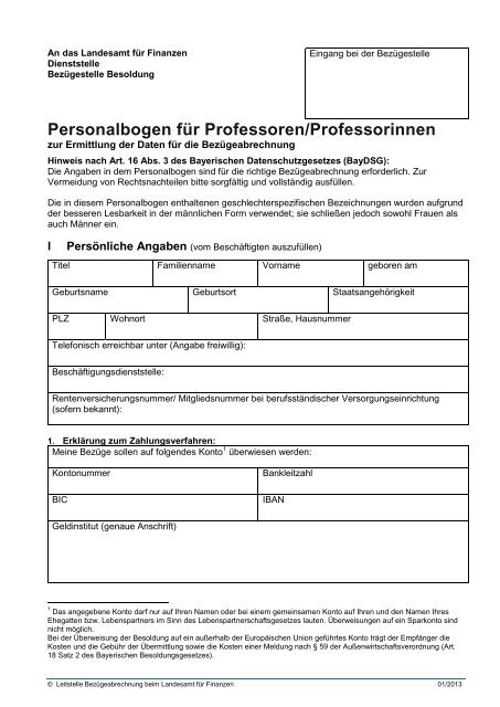 Pdf Personalbogen Professoren Landesamt Fur Finanzen Bayern