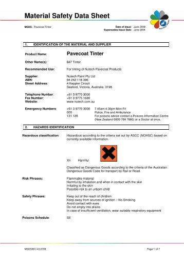 Nutech Pavecoat 847 Colour Tinter MSDS