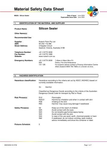 Nutech Silicon Sealer MSDS