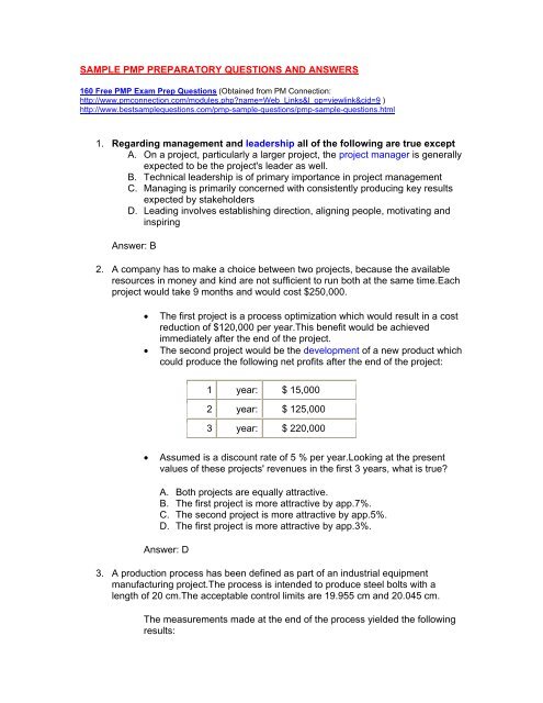 Sample pmp preparatory questions and answers - Quality ...