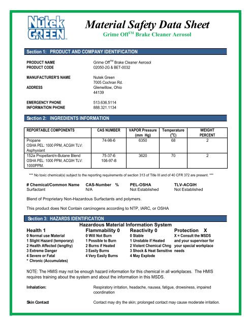 Grime Off Brake Cleaner MSDS - Aircraft Spruce