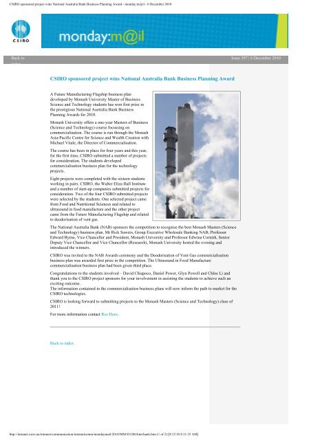 Csiro Sponsored Project Wins National Australia Bank Business