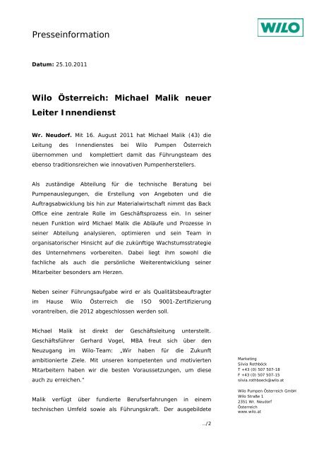 Wilo Österreich: Michael Malik neuer Leiter Innendienst