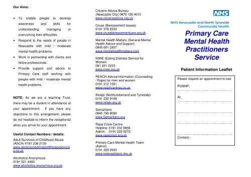Primary Care Mental Health Practitioners Service - Newcastle ...