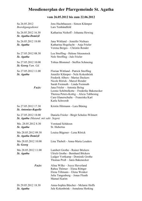 Messdienerplan der Pfarrgemeinde St. Agatha - Messdiener-epe.de