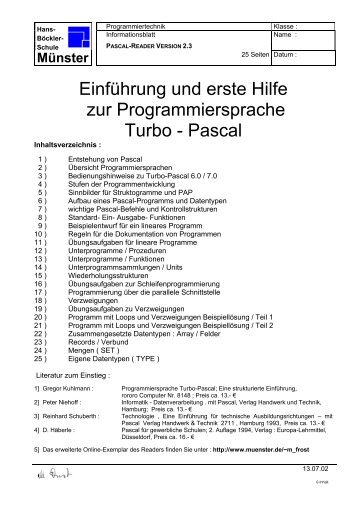 Einführung und erste Hilfe zur Programmiersprache Turbo - Pascal