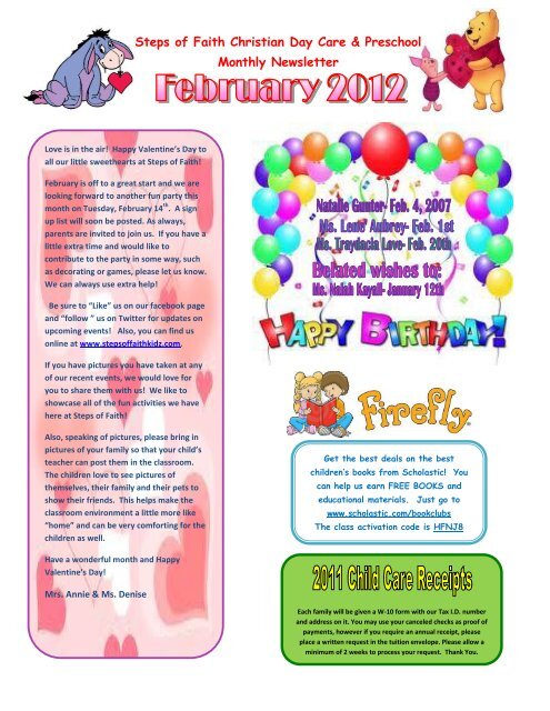 Steps of Faith Christian Day Care & Preschool Monthly Newsletter