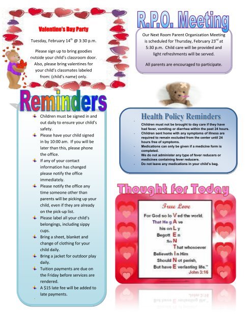 Steps of Faith Christian Day Care & Preschool Monthly Newsletter