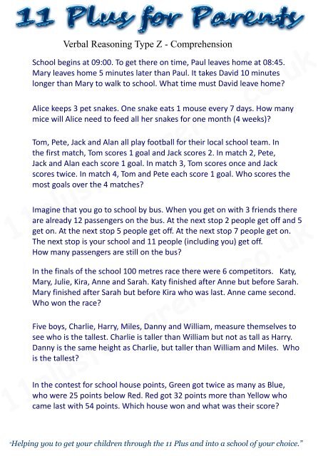 verbal reasoning type z comprehension 11 plus for parents