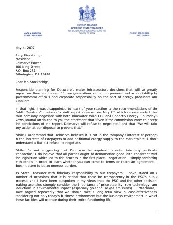 Letter from State Treasurer Jack Markell to Delmarva - Delaware ...