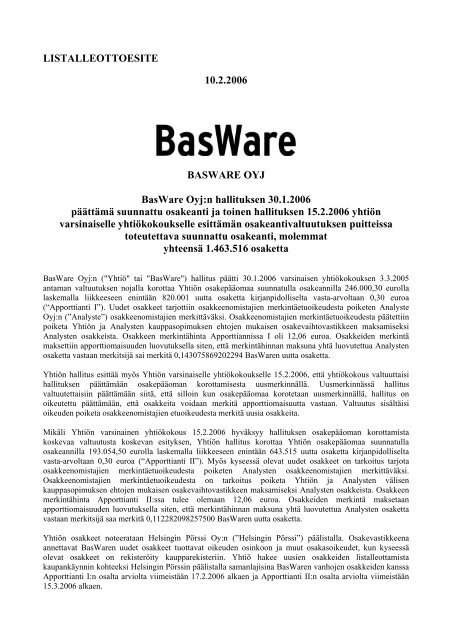 BasWare Oyj listalleottoesite 10.2.2006 - Finanssivalvonta