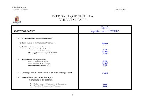 PARC NAUTIQUE NEPTUNIA GRILLE TARIFAIRE Tarifs ... - Pamiers