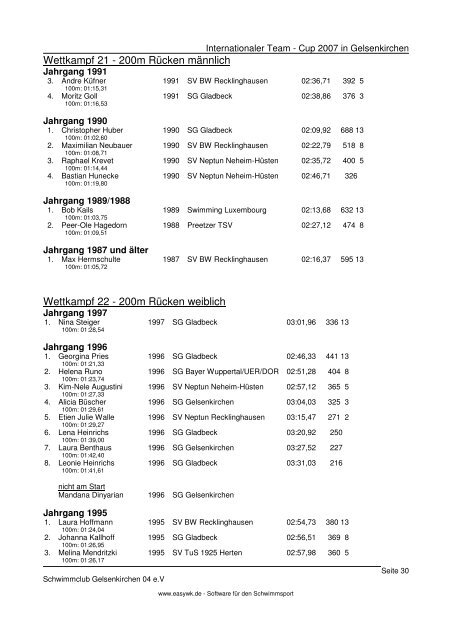 Protokoll Int Team-Cup 2007 - SV Neptun 28 Recklinghausen e.V.