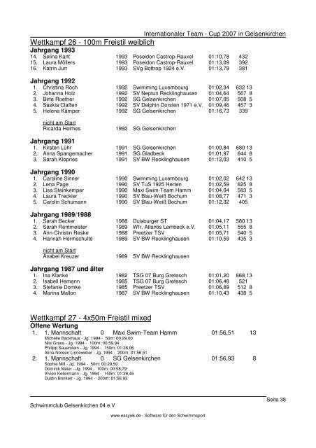 Protokoll Int Team-Cup 2007 - SV Neptun 28 Recklinghausen e.V.