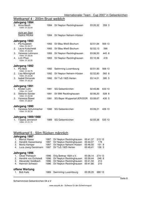 Protokoll Int Team-Cup 2007 - SV Neptun 28 Recklinghausen e.V.