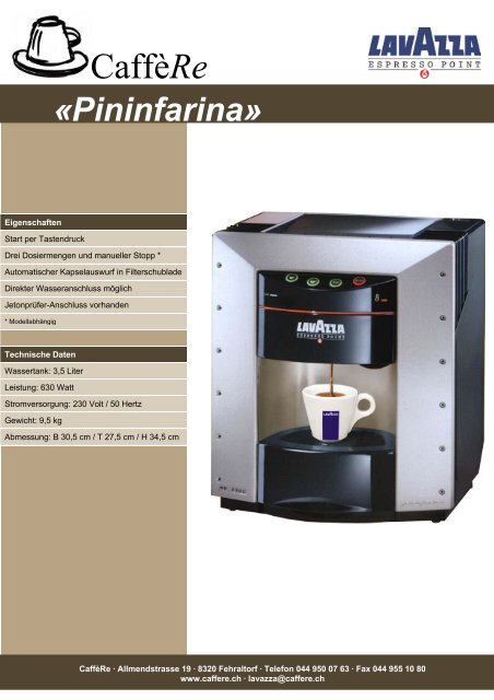 Factsheet Pininfarina - CaffèRe - Lavazza Espresso Point-Vertretung