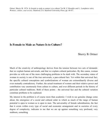 Is Female to Male as Nature Is to Culture? Sherry B. Ortner - Radical ...