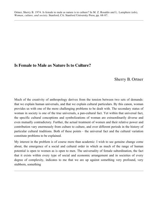 Is Female to Male as Nature Is to Culture? Sherry B. Ortner - Radical ...