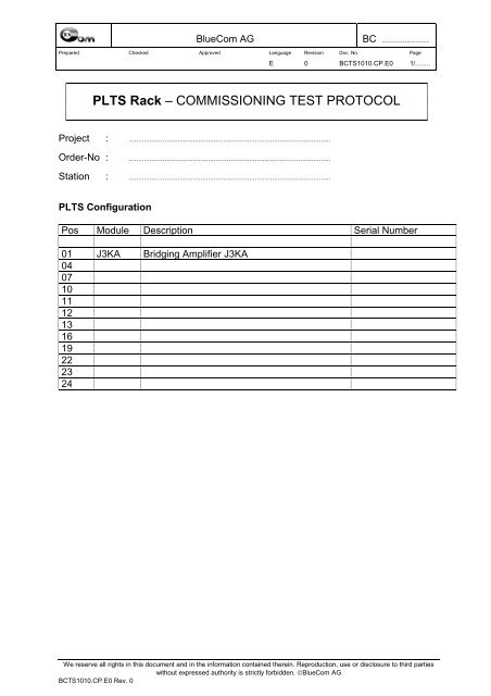 Secure Rack Commissioning PLTS Rack – COMMISSIONING TEST PROTOCOL