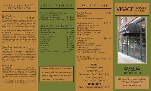 Visage Menu #1661 REVISED 11-8-05 - Visage Salon & Day Spa